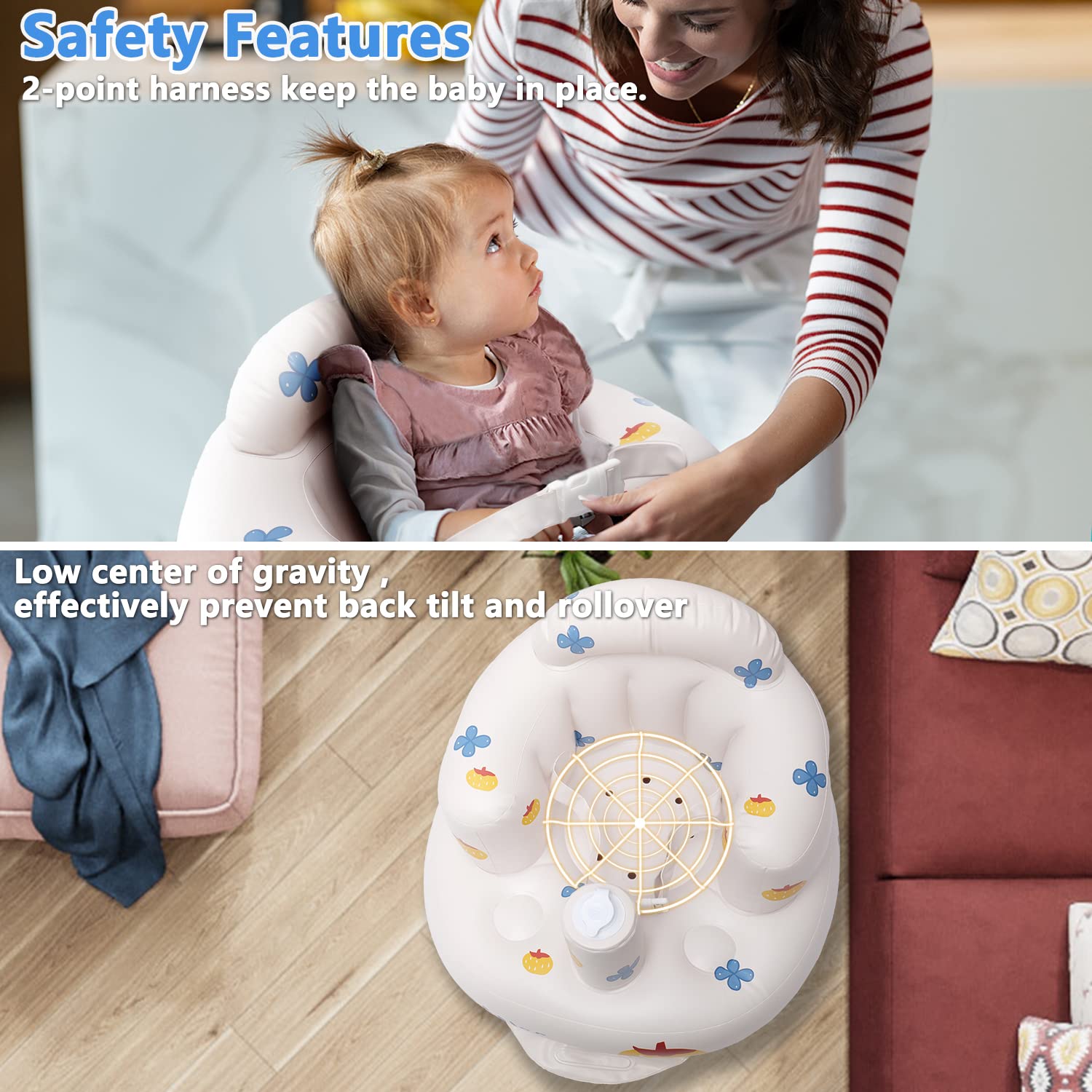 Inflatable Floor Baby Seat | Toddler Chair with Two-Point Harness, Column-Shaped Airbag Support for Babies 3-36 Months