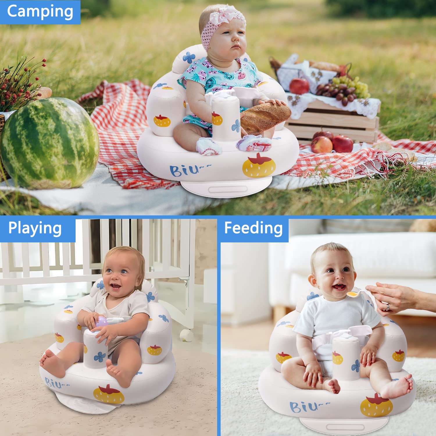 Inflatable Floor Baby Seat | Toddler Chair with Two-Point Harness, Column-Shaped Airbag Support for Babies 3-36 Months