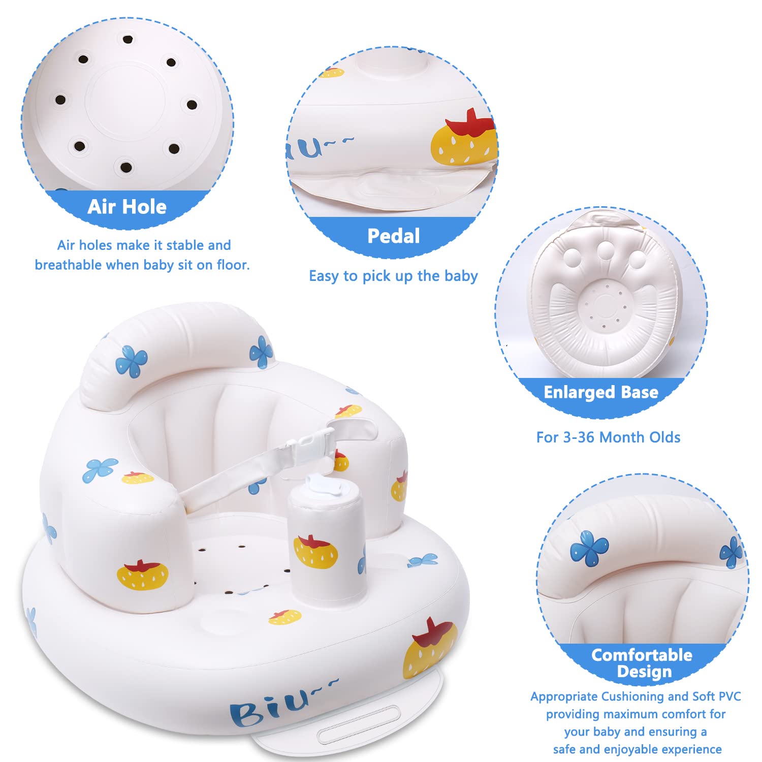 Inflatable Floor Baby Seat | Toddler Chair with Two-Point Harness, Column-Shaped Airbag Support for Babies 3-36 Months