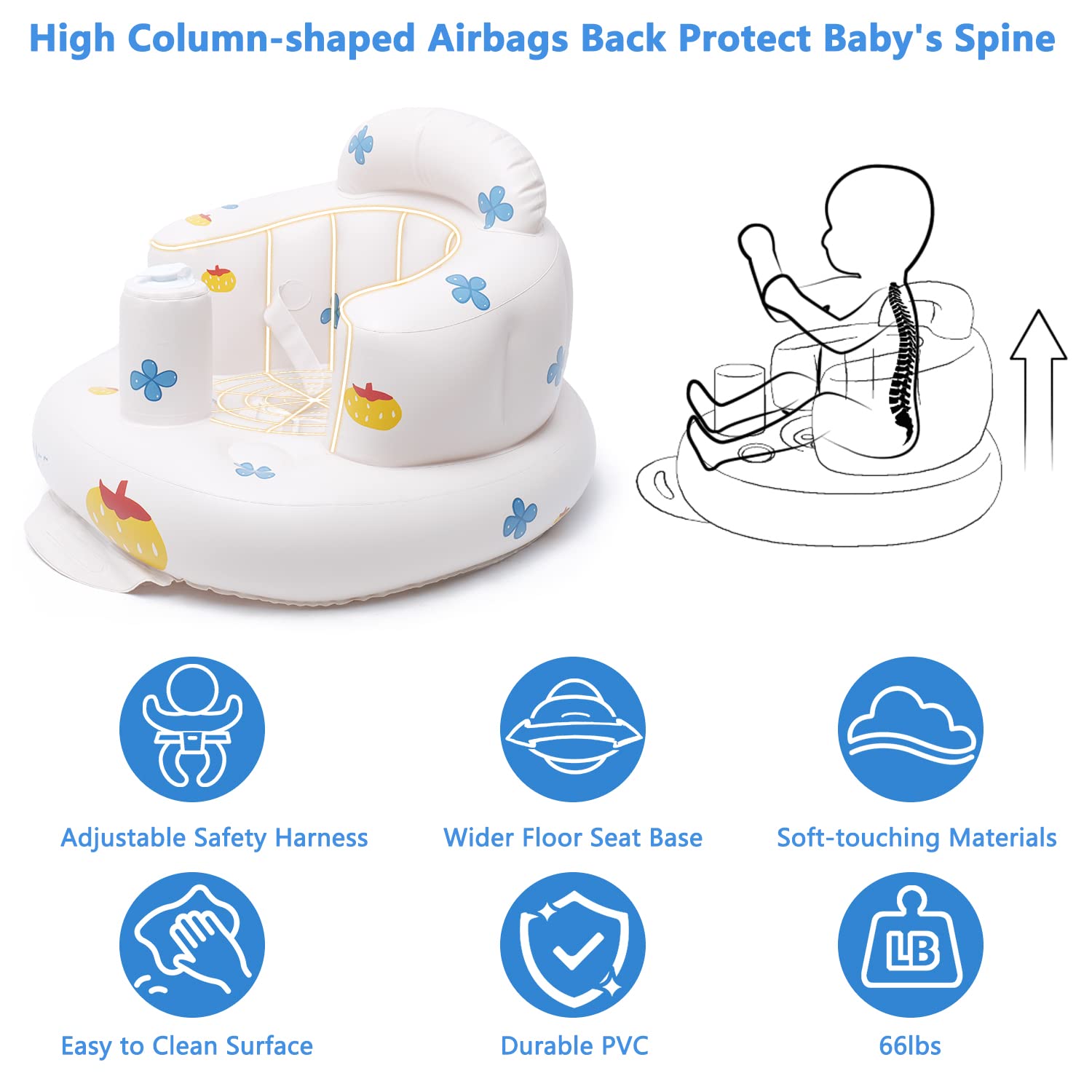 Inflatable Floor Baby Seat | Toddler Chair with Two-Point Harness, Column-Shaped Airbag Support for Babies 3-36 Months