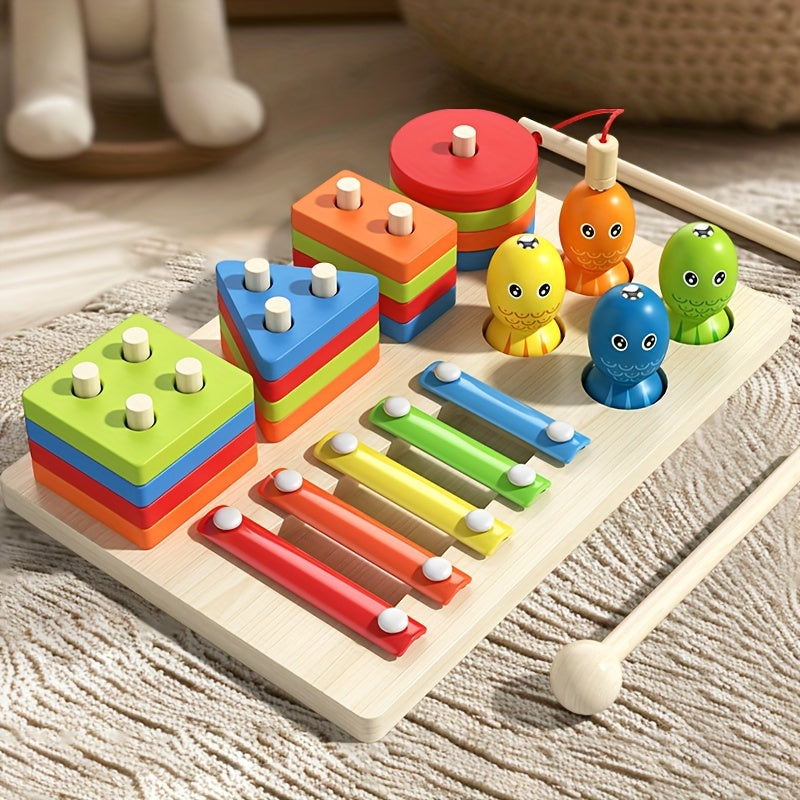 Montessori Wooden Sorting and Stacking Board | 16 piece geometric shapes puzzle, xylophone educational toy for 0+ years