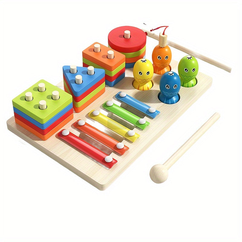 Montessori Wooden Sorting and Stacking Board | 16 piece geometric shapes puzzle, xylophone educational toy for 0+ years