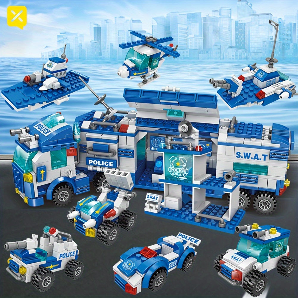 700 Piece Set of City Police Department Building Blocks | Sky blue vehicle and action figures for children, ideal gift